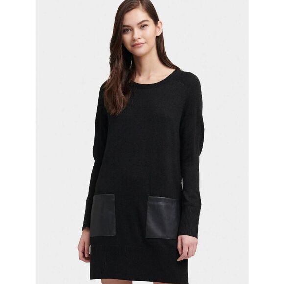 DKNY Women's Long Sleeve Two Leather Pockets Black Mini Sweater Dress Size M - Picture 1 of 11